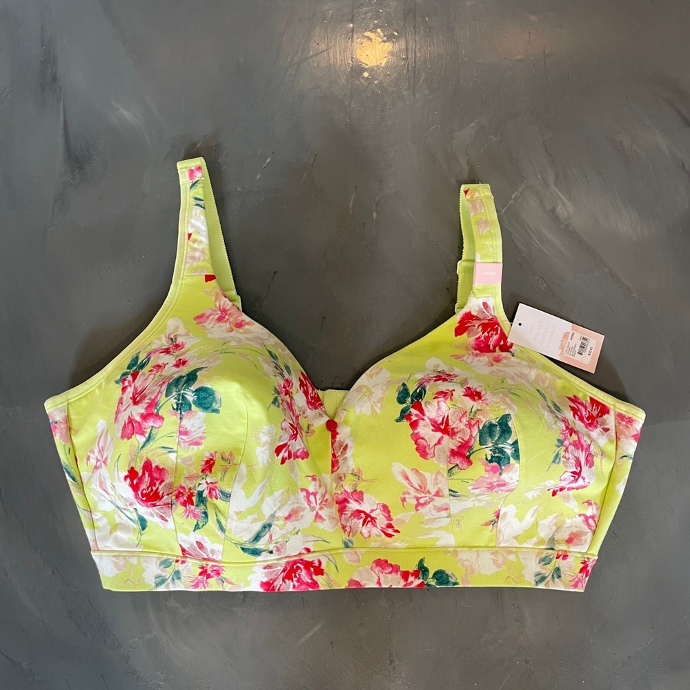 Cacique Neon Green Pink Floral Full Coverage Bra 44DDD Lightly Lined No Wire